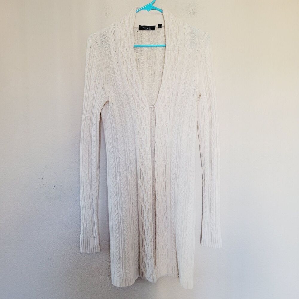 Saks Fifth Avenue Cashmere Sweater Cardigan Duster Women Small Cable Knit Cream